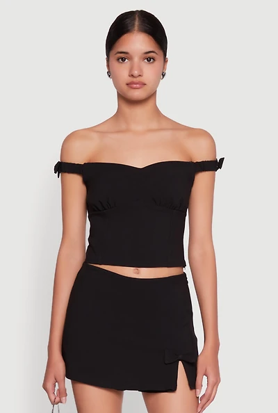 Womens Iris Bow Detail Cropped Off The Shoulder Bustier Top, Black, Size S