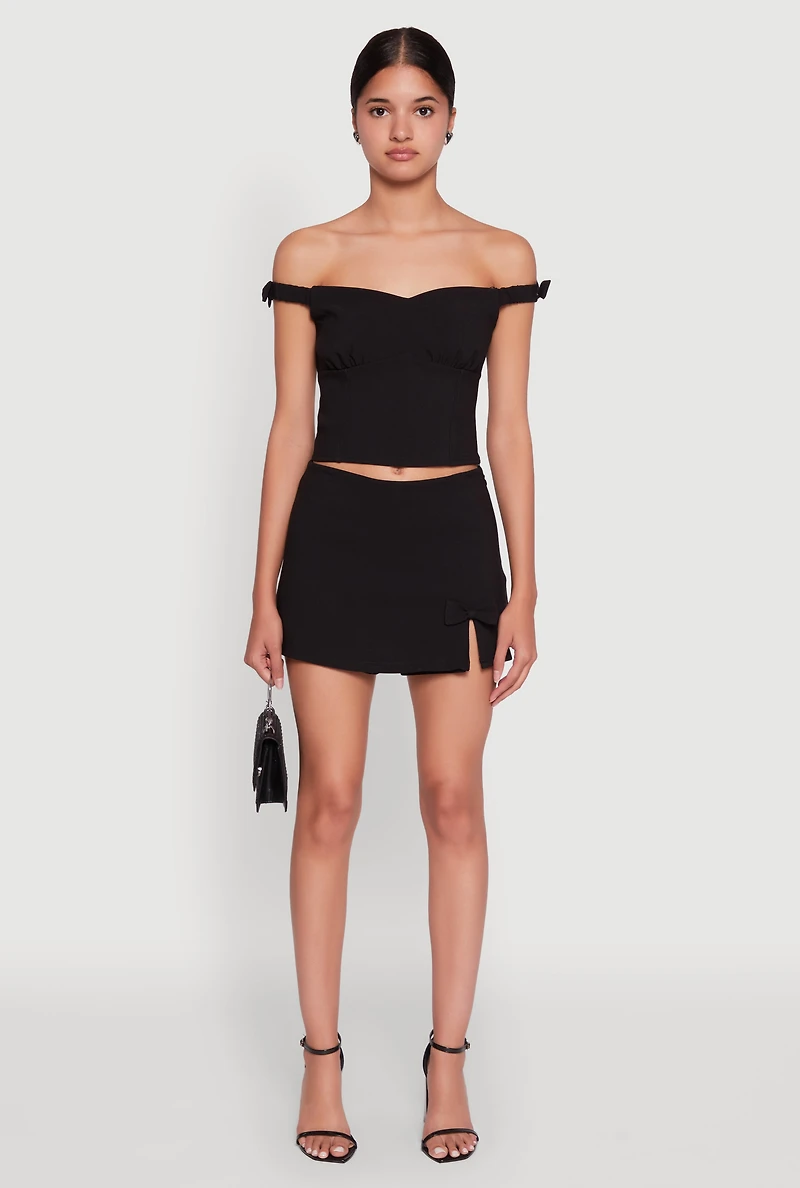 Womens Iris Bow Detail Cropped Off The Shoulder Bustier Top, Black,