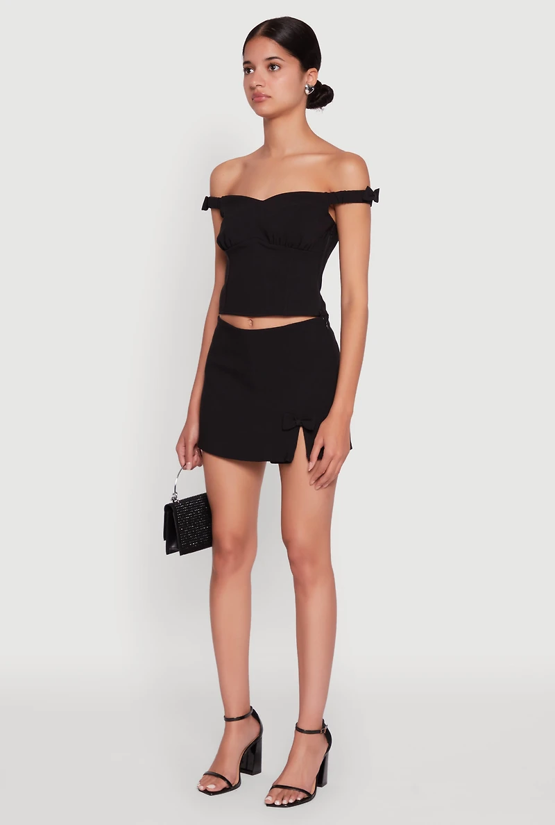 Womens Iris Bow Detail Cropped Off The Shoulder Bustier Top, Black, Size S