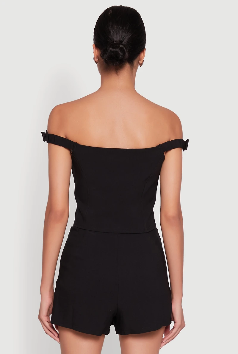 Womens Iris Bow Detail Cropped Off The Shoulder Bustier Top, Black,
