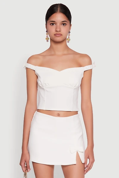 Womens Iris Bow Detail Cropped Off The Shoulder Bustier Top, White, Size S