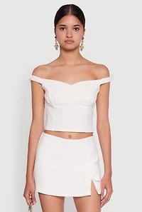 Womens Iris Bow Detail Cropped Off The Shoulder Bustier Top, White, Size S
