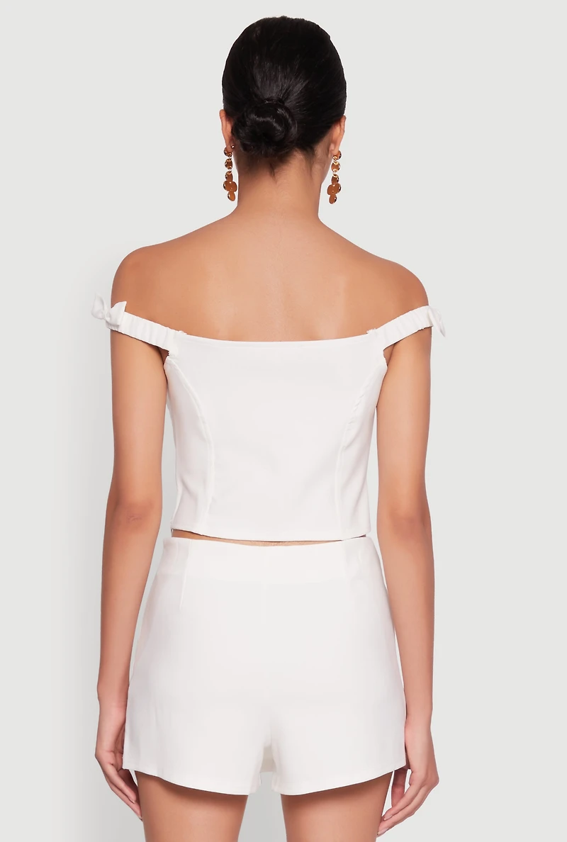 Womens Iris Bow Detail Cropped Off The Shoulder Bustier Top, White, Size S