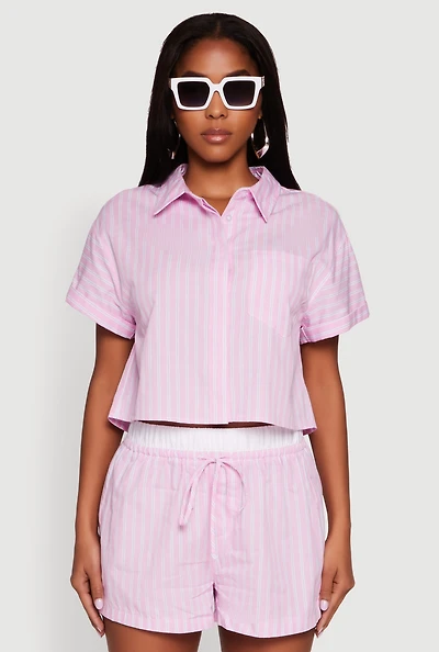 Womens Iris Striped Boxy Button Front Cropped Shirt, Pink, Size L