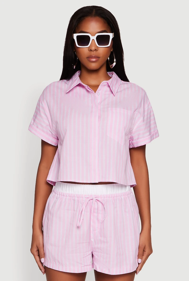Womens Iris Striped Boxy Button Front Cropped Shirt, Pink, Size L