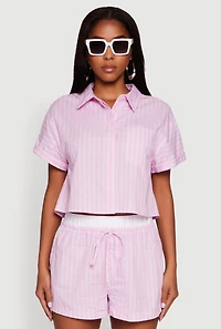 Womens Iris Striped Boxy Button Front Cropped Shirt, Pink, Size S