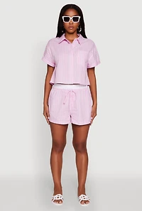 Womens Iris Striped Boxy Button Front Cropped Shirt, Pink, Size L