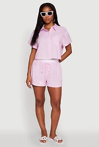 Womens Iris Striped Boxy Button Front Cropped Shirt, Pink, Size L