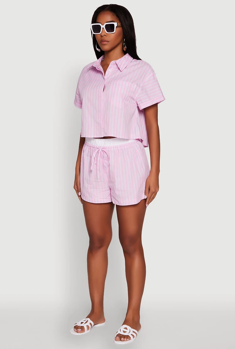 Womens Iris Striped Boxy Button Front Cropped Shirt, Pink, Size L