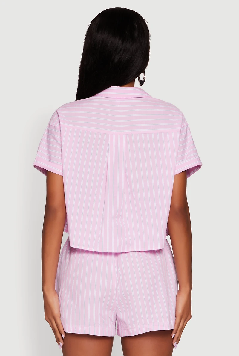 Womens Iris Striped Boxy Button Front Cropped Shirt, Pink, Size S