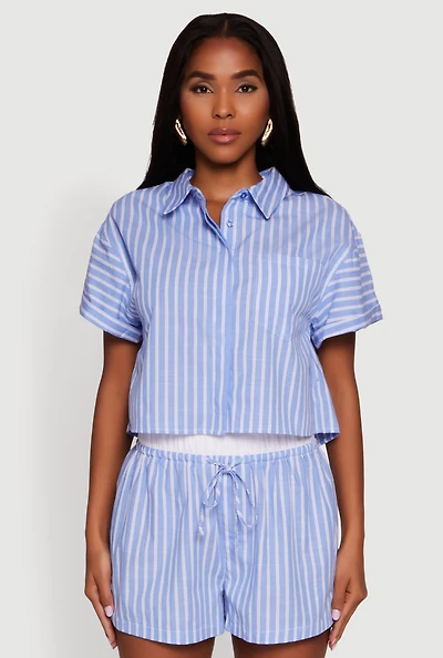 Womens Iris Striped Boxy Button Front Cropped Shirt, Blue, Size L
