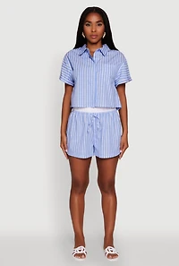 Womens Iris Striped Boxy Button Front Cropped Shirt, Blue, Size M
