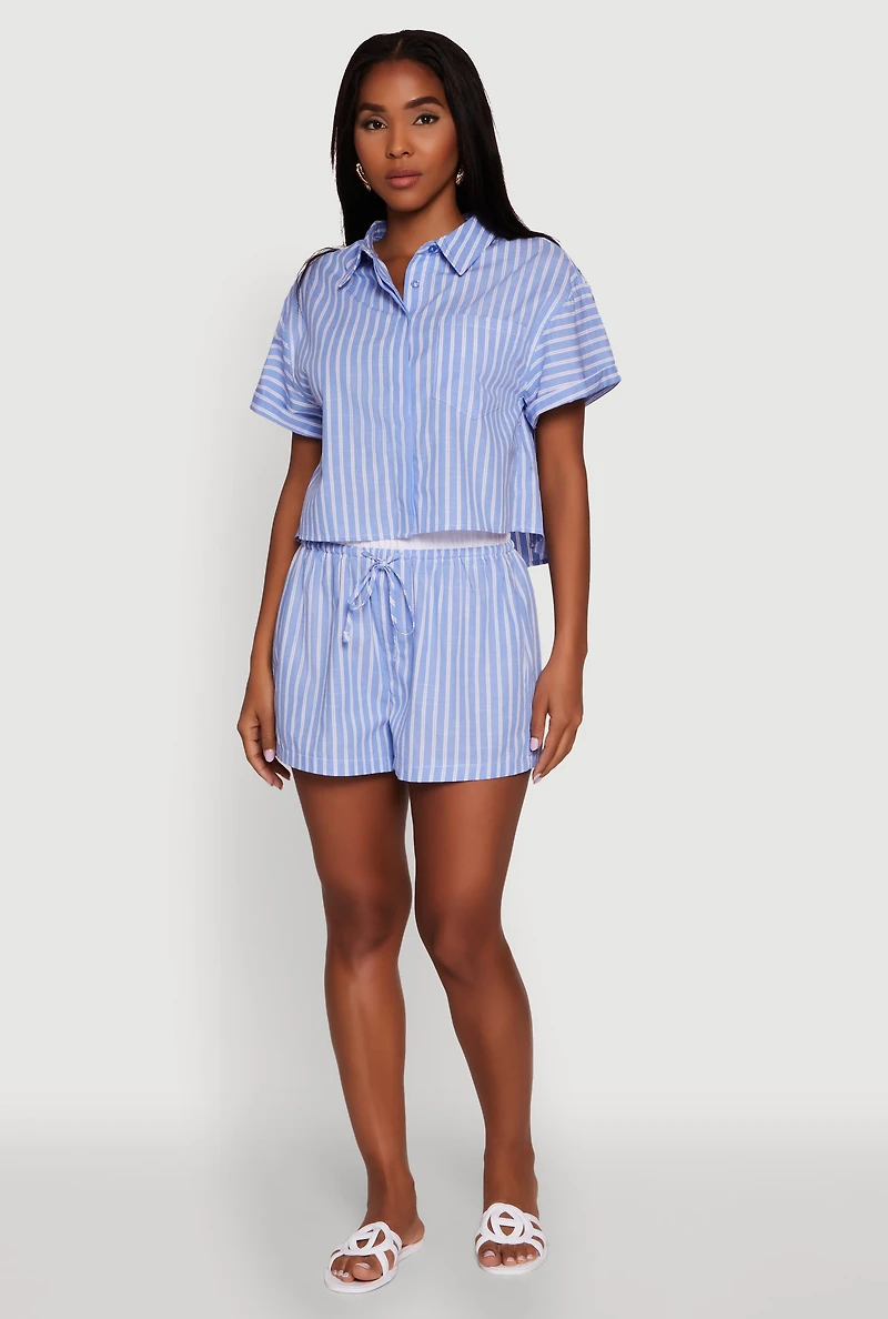 Womens Iris Striped Boxy Button Front Cropped Shirt, Blue, Size S