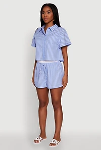 Womens Iris Striped Boxy Button Front Cropped Shirt, Blue, Size L