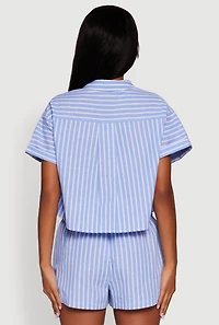 Womens Iris Striped Boxy Button Front Cropped Shirt, Blue, Size M