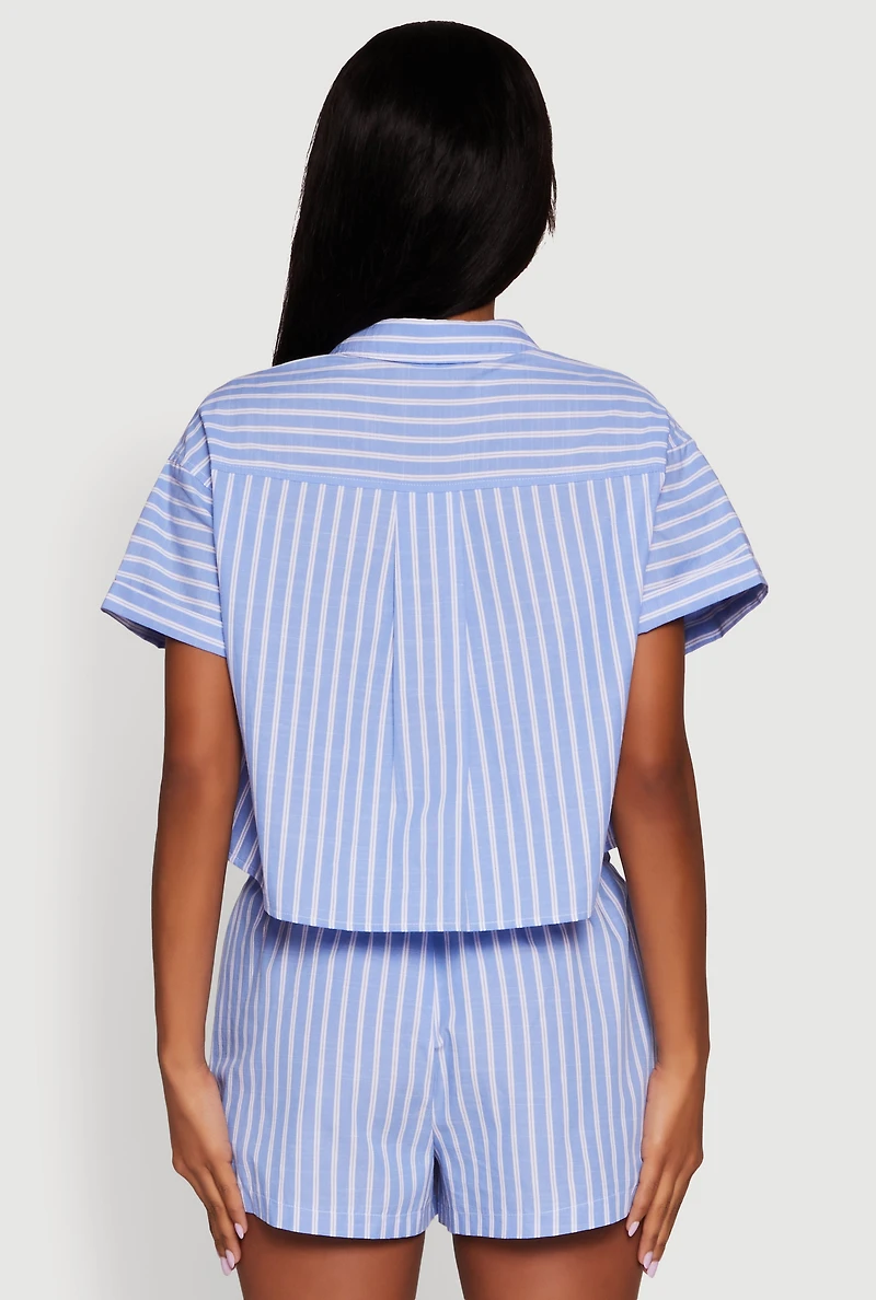 Womens Iris Striped Boxy Button Front Cropped Shirt, Blue, Size S
