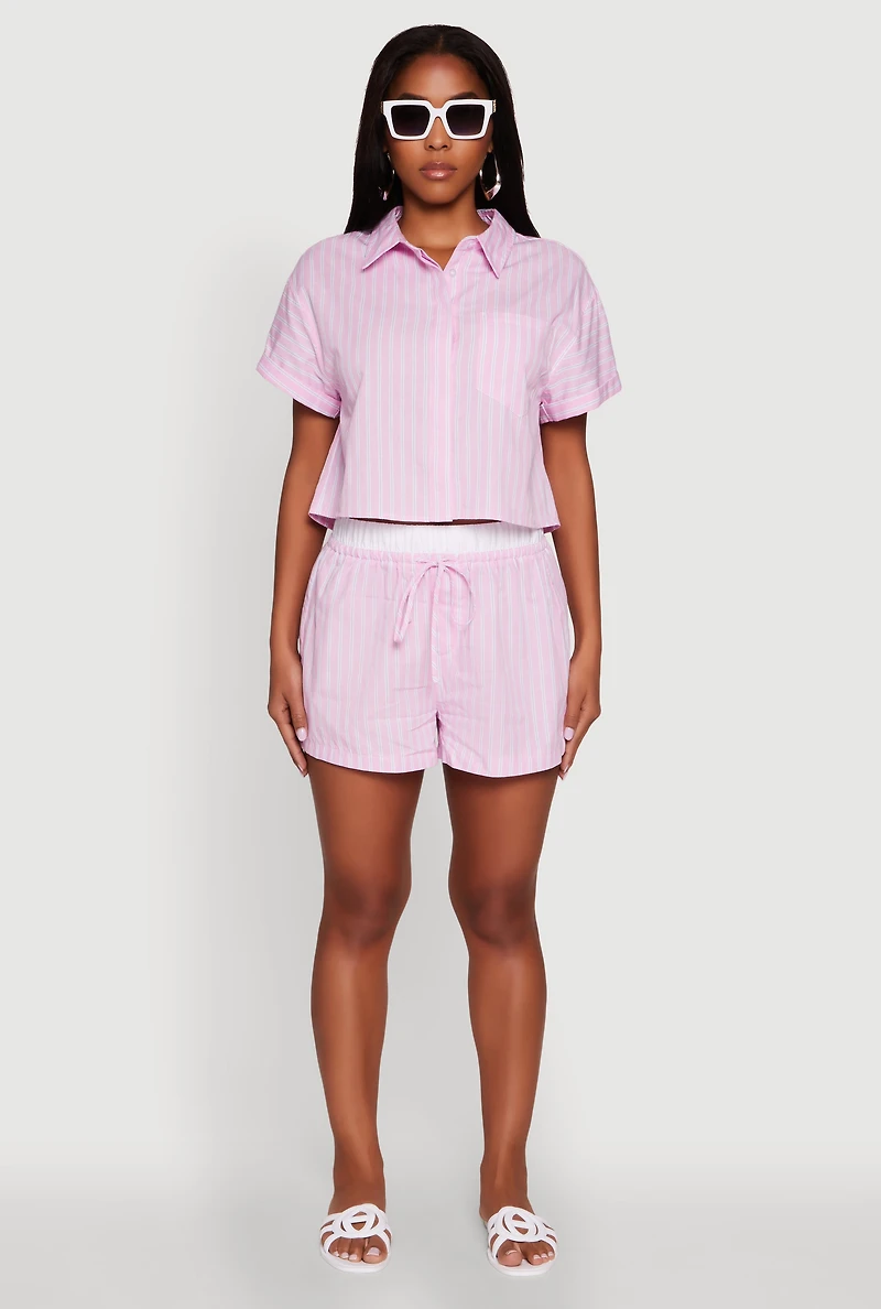 Womens Trendy Striped High Waisted Shorts with Contrast Waistband, Pink, Size L