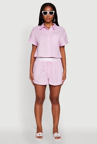 Womens Trendy Striped High Waisted Shorts with Contrast Waistband, Pink, Size L
