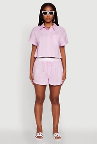 Womens Trendy Striped High Waisted Shorts with Contrast Waistband, Pink, Size L