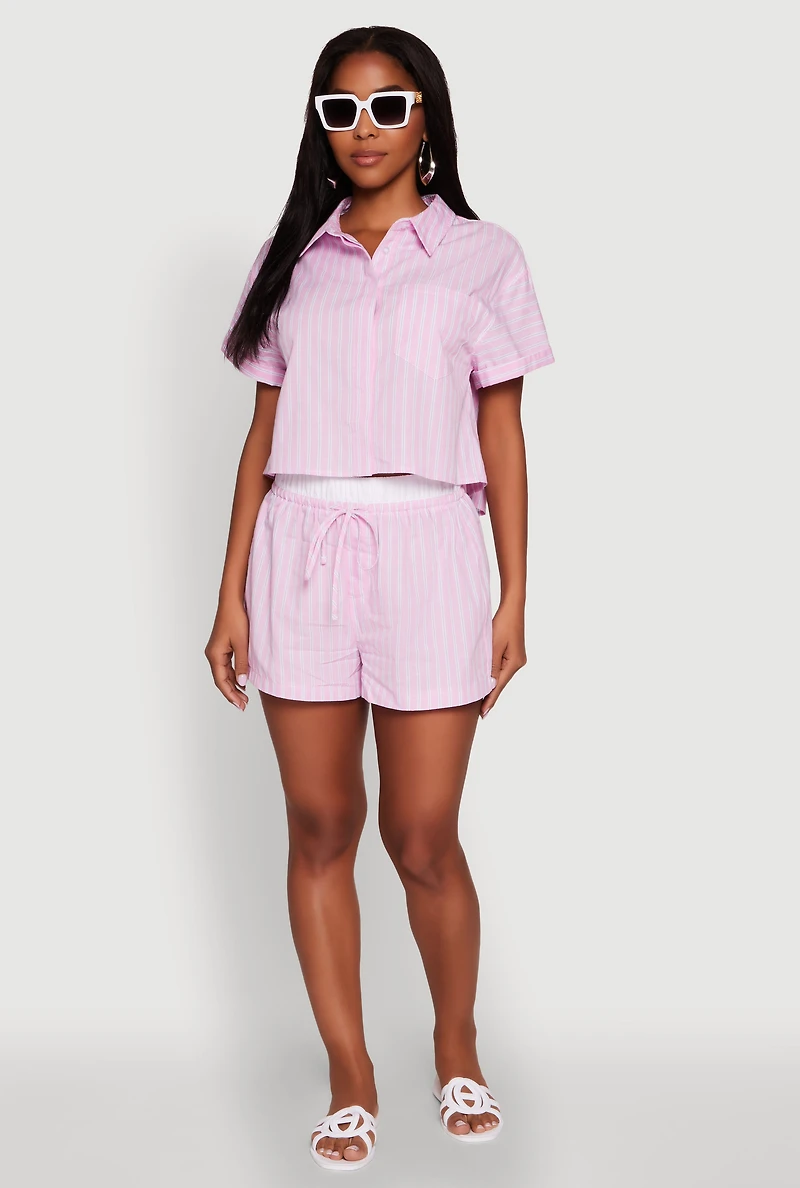 Womens Trendy Striped High Waisted Shorts with Contrast Waistband, Pink, Size M