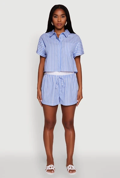 Womens Trendy Striped High Waisted Shorts with Contrast Waistband, Blue, Size L