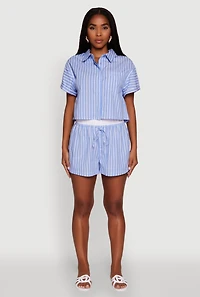 Womens Trendy Striped High Waisted Shorts with Contrast Waistband, Blue, Size S