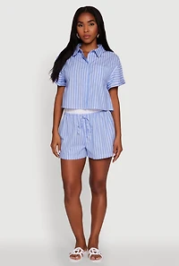 Womens Trendy Striped High Waisted Shorts with Contrast Waistband, Blue, Size S