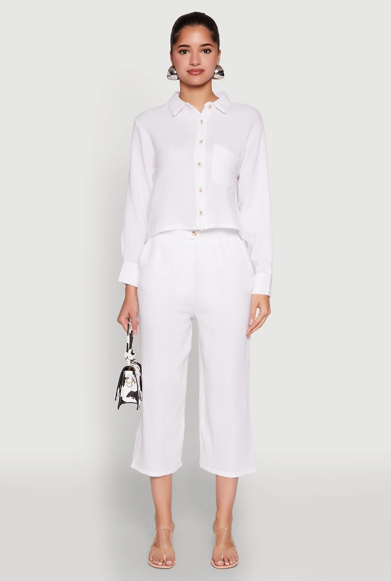 Womens Iris Gauze Knit Paper Bag Waist Culottes, White, Size L