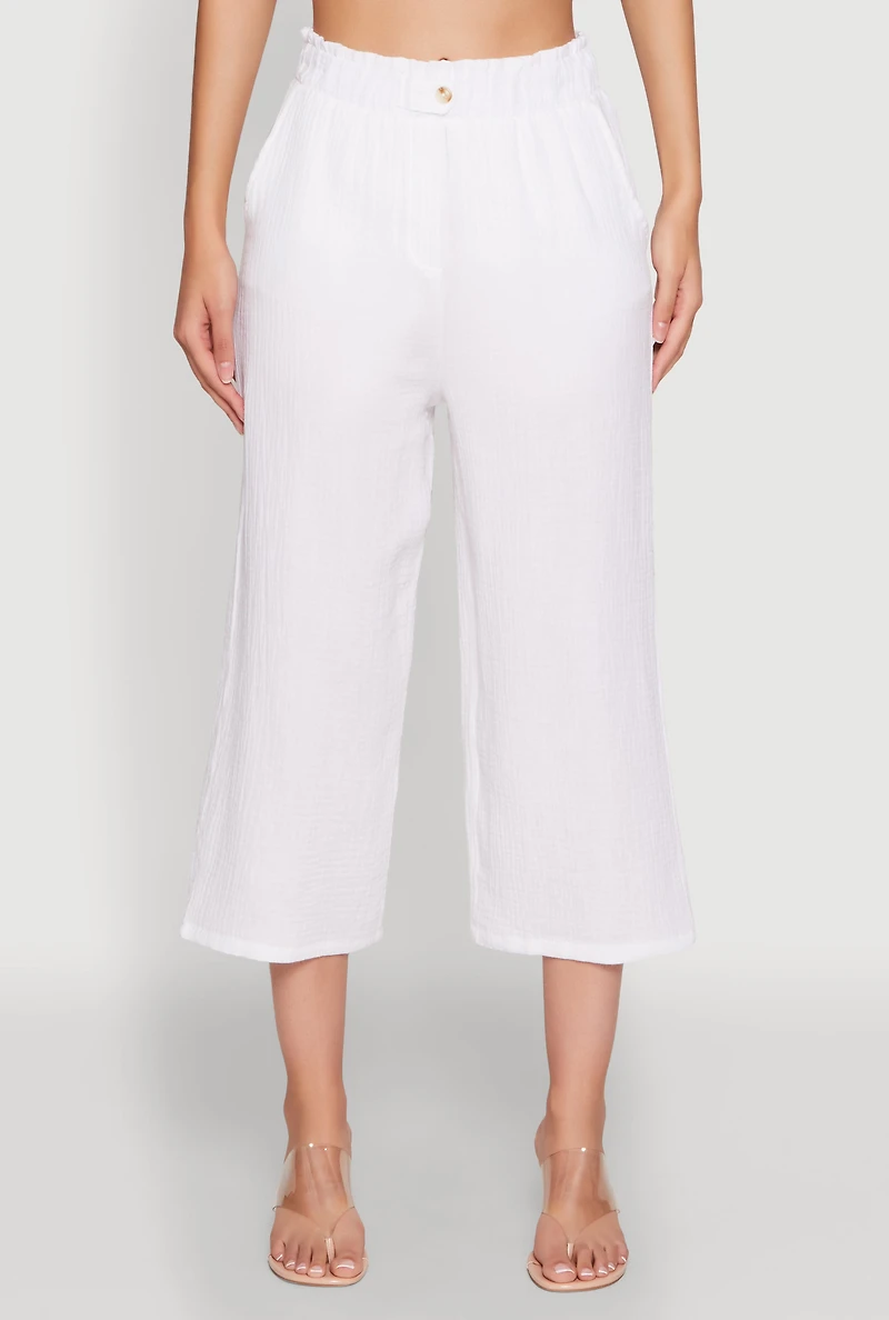 Womens Iris Gauze Knit Paper Bag Waist Culottes, White, Size L