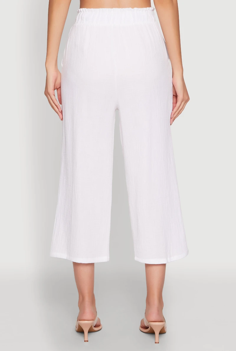 Womens Iris Gauze Knit Paper Bag Waist Culottes, White, Size S