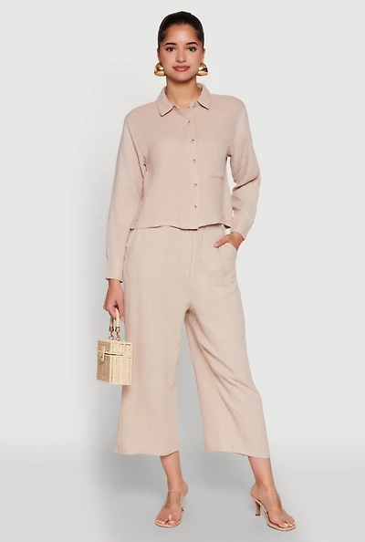 Womens Iris Gauze Knit Paper Bag Waist Culottes, Khaki, Size M
