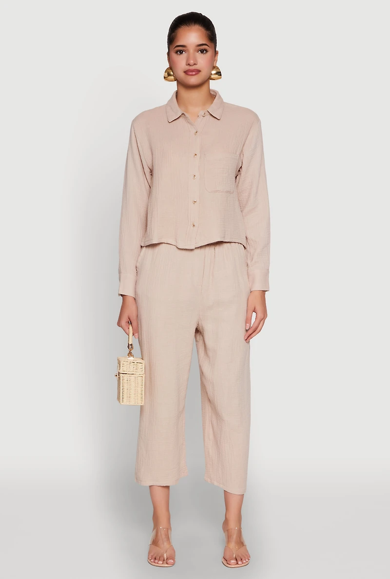 Womens Iris Gauze Knit Paper Bag Waist Culottes, Khaki, Size M