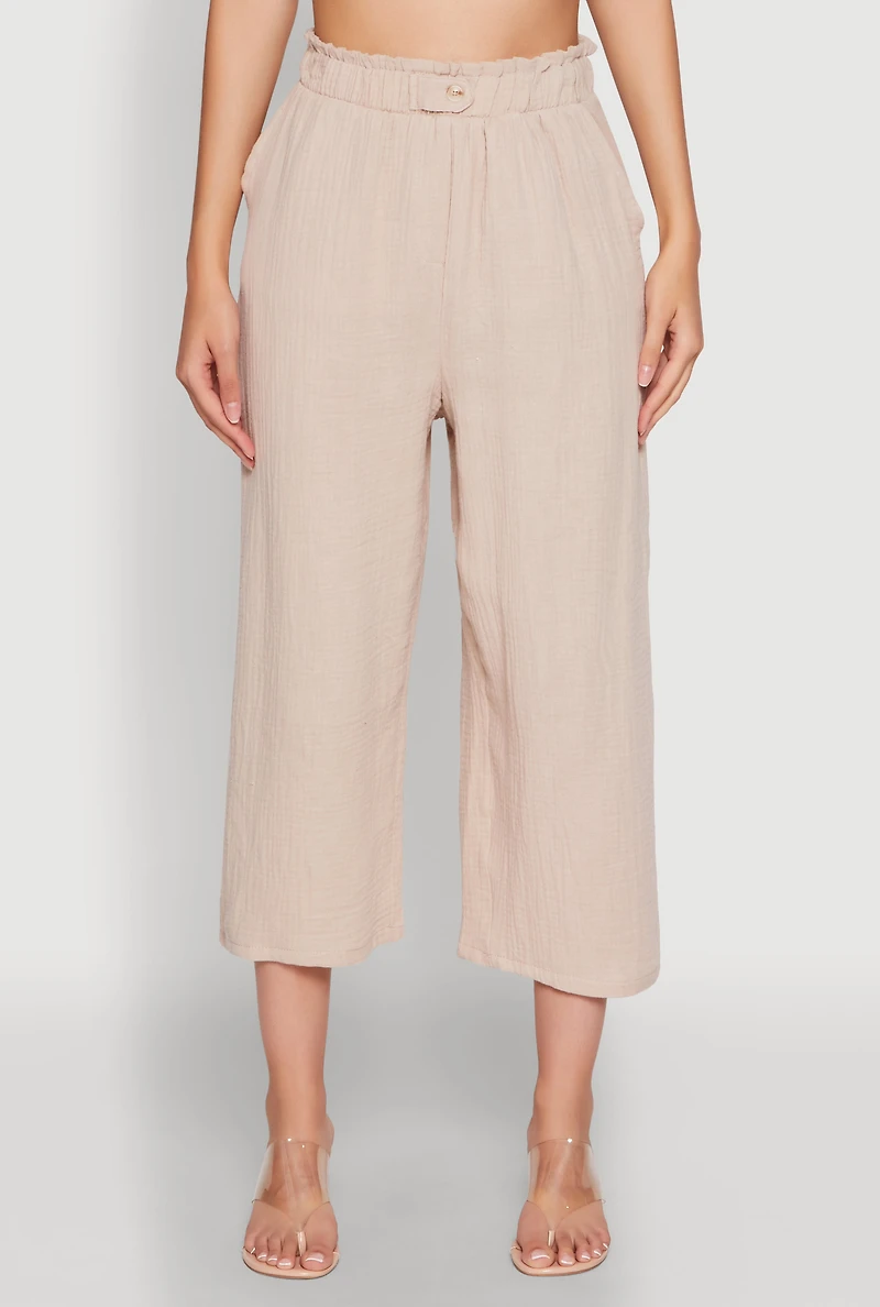 Womens Iris Gauze Knit Paper Bag Waist Culottes, Khaki, Size M
