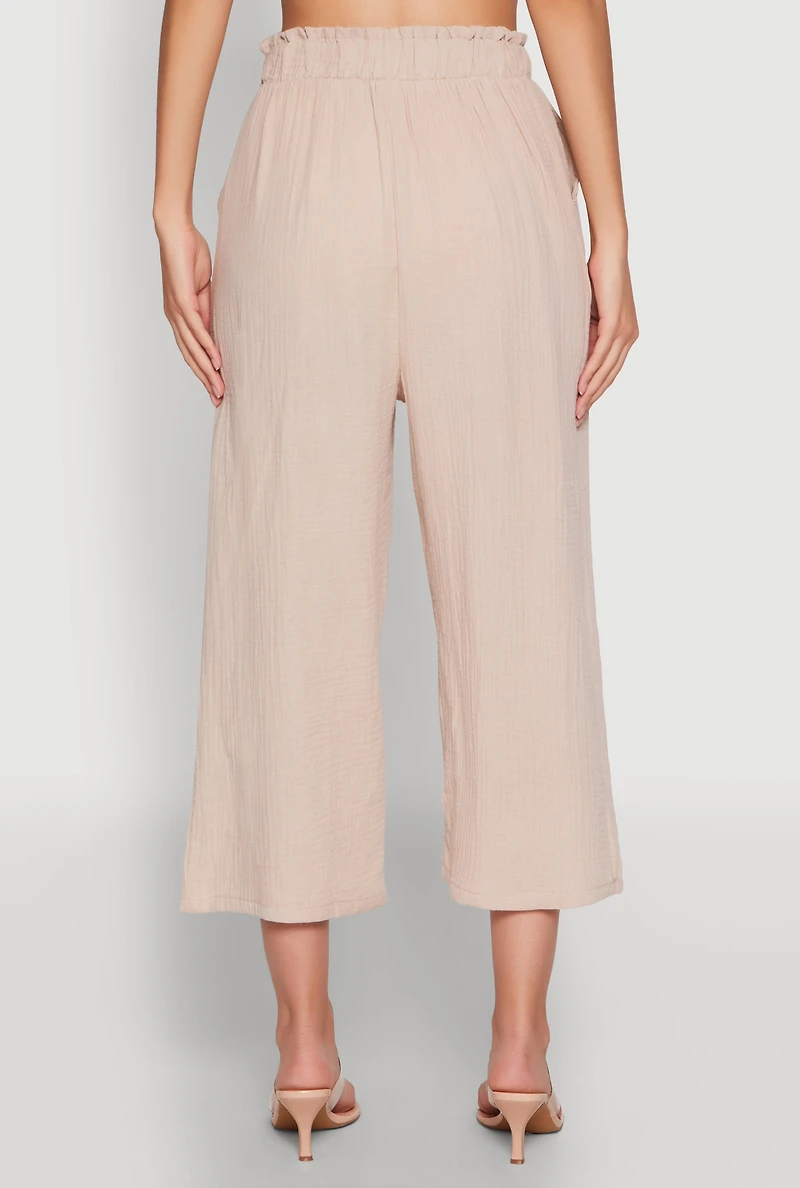 Womens Iris Gauze Knit Paper Bag Waist Culottes, Khaki, Size M
