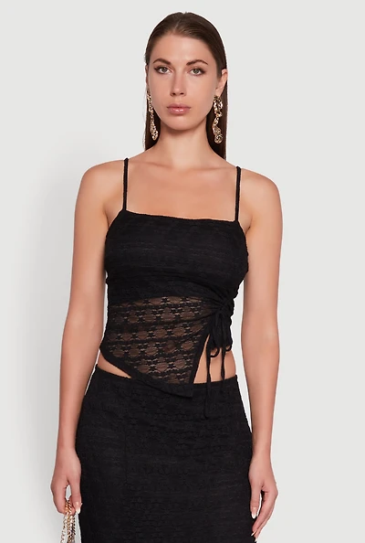 Womens Iris Floral Lace Asymmetrical Drawstring Side Cropped Cami, Black, Size S