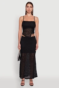 Womens Iris Floral Lace Asymmetrical Drawstring Side Cropped Cami, Black, Size S