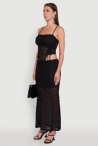 Womens Iris Floral Lace Asymmetrical Drawstring Side Cropped Cami, Black, Size S