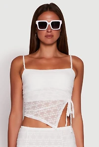 Womens Iris Floral Lace Asymmetrical Drawstring Side Cropped Cami, White, Size S