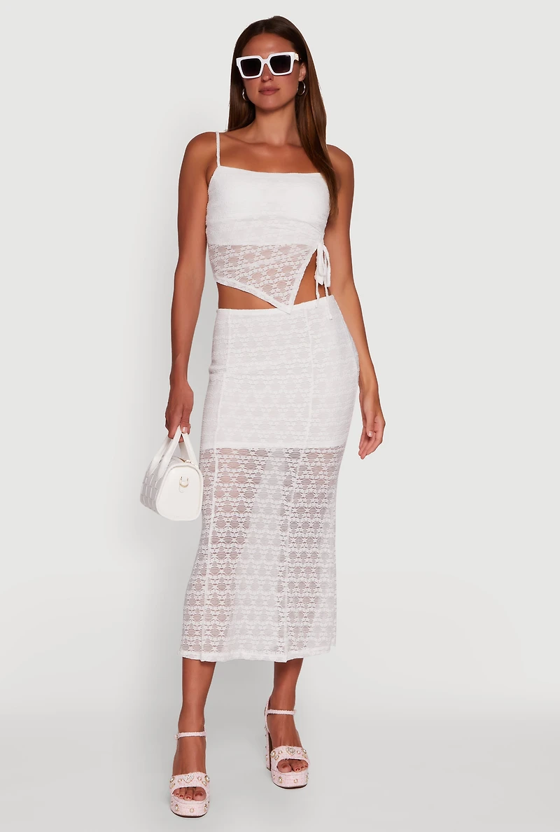 Womens Iris Floral Lace Asymmetrical Drawstring Side Cropped Cami, White, Size S