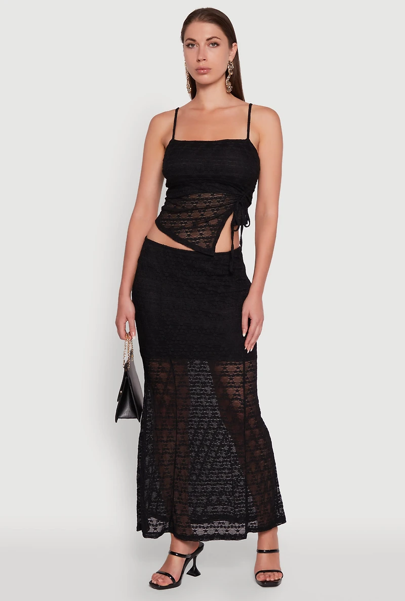 Womens Iris Floral Lace Overlay Maxi Skirt, Black, Size S