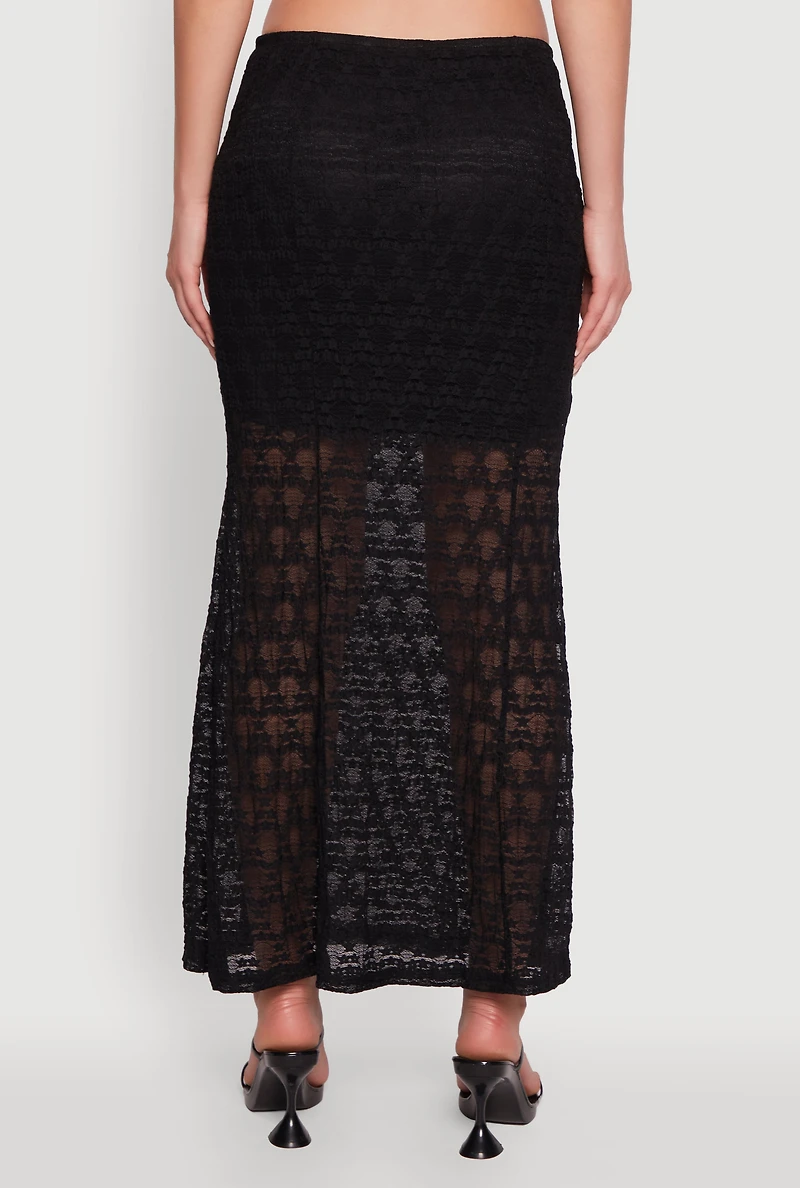 Womens Iris Floral Lace Overlay Maxi Skirt, Black, Size M