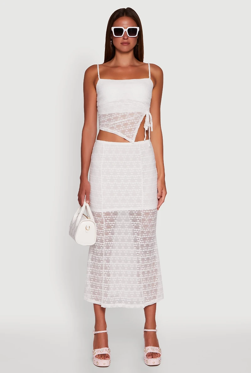 Womens Iris Floral Lace Overlay Maxi Skirt, White, Size L