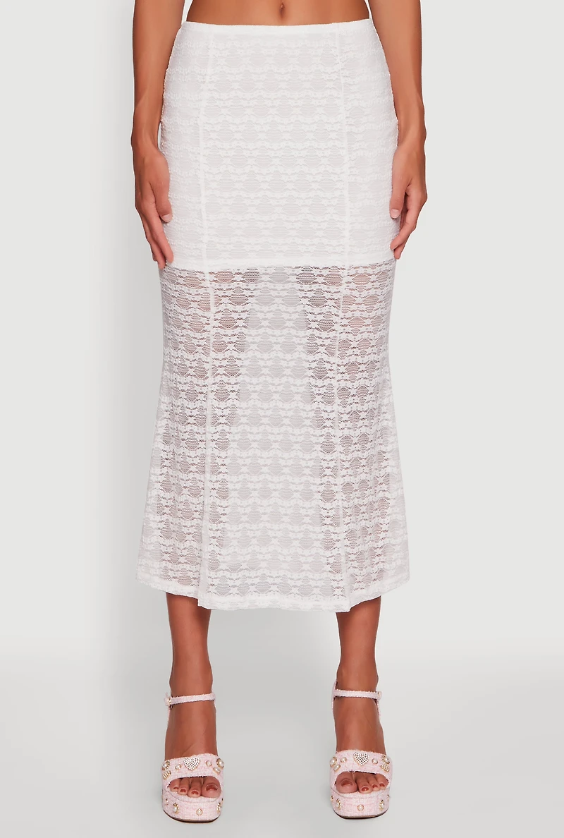 Womens Iris Floral Lace Overlay Maxi Skirt, White, Size L