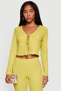 Textured Knit Tie Front Long Sleeve V-Neck Crop Top