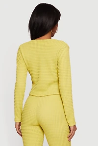 Textured Knit Tie Front Long Sleeve V-Neck Crop Top