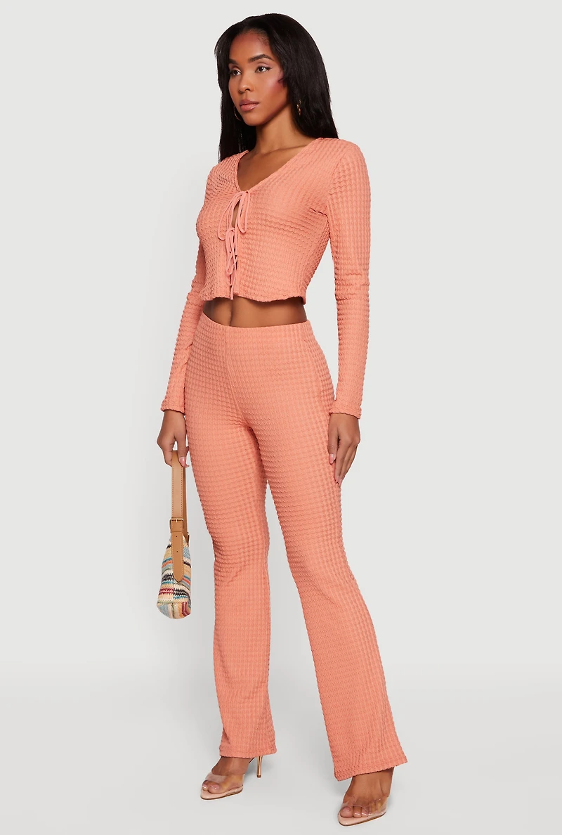 Textured Knit Tie Front Long Sleeve V-Neck Crop Top