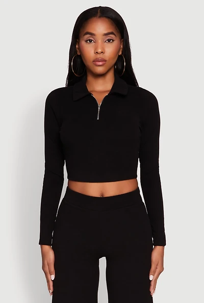 Womens Brushed Knit Long Sleeve Quarter Zip Cropped Polo,