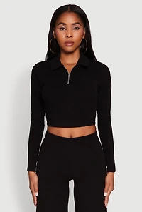 Brushed Knit Long Sleeve Quarter Zip Cropped Polo