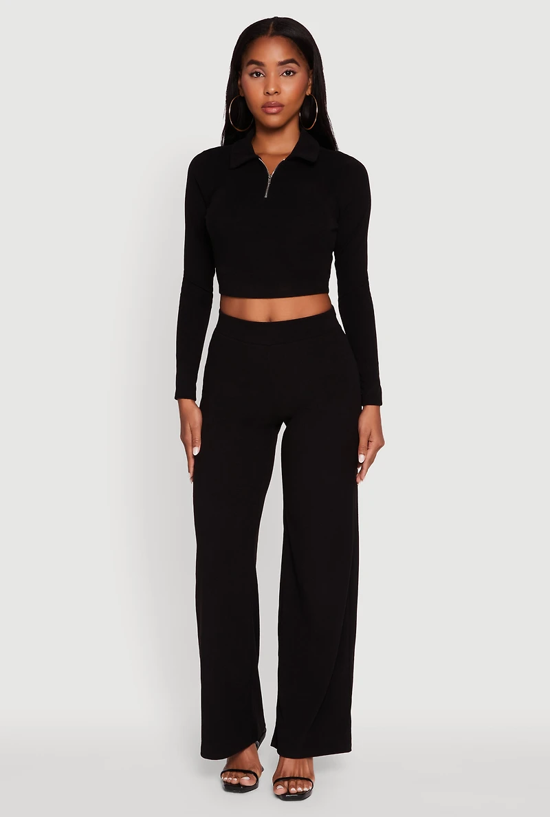 Brushed Knit Long Sleeve Quarter Zip Cropped Polo