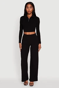 Brushed Knit Long Sleeve Quarter Zip Cropped Polo